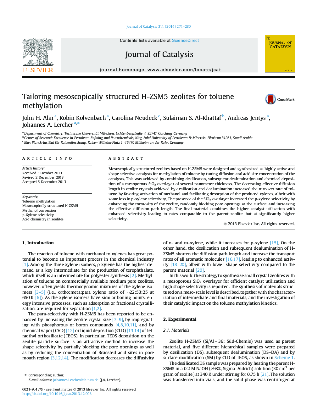 Tailoring mesoscopically structured H-ZSM5 zeolites for toluene methylation