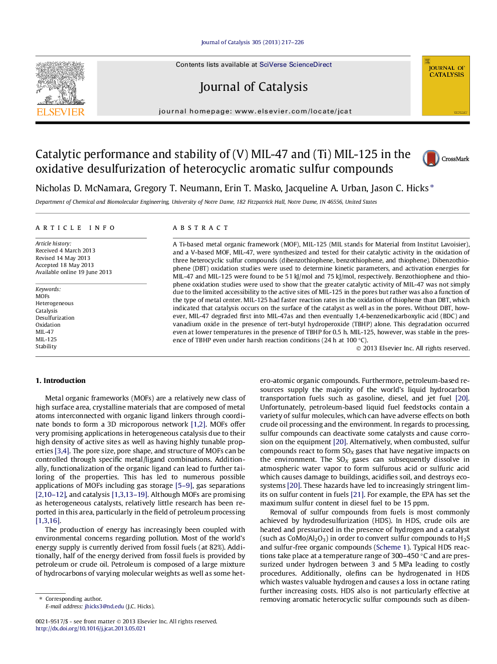 Catalytic performance and stability of (V) MIL-47 and (Ti) MIL-125 in the oxidative desulfurization of heterocyclic aromatic sulfur compounds