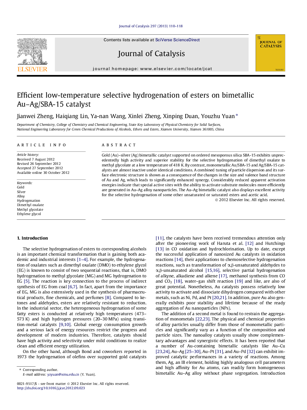 Efficient low-temperature selective hydrogenation of esters on bimetallic Au-Ag/SBA-15 catalyst