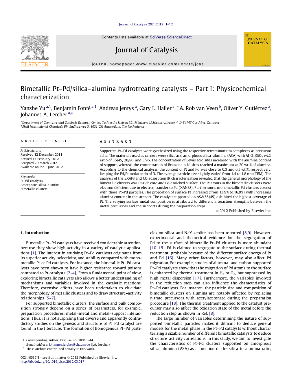 Bimetallic Pt-Pd/silica-alumina hydrotreating catalysts - Part I: Physicochemical characterization