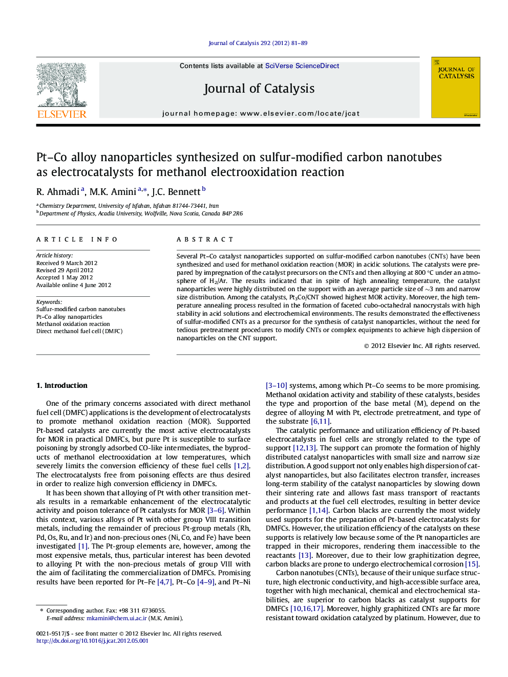 Pt-Co alloy nanoparticles synthesized on sulfur-modified carbon nanotubes as electrocatalysts for methanol electrooxidation reaction