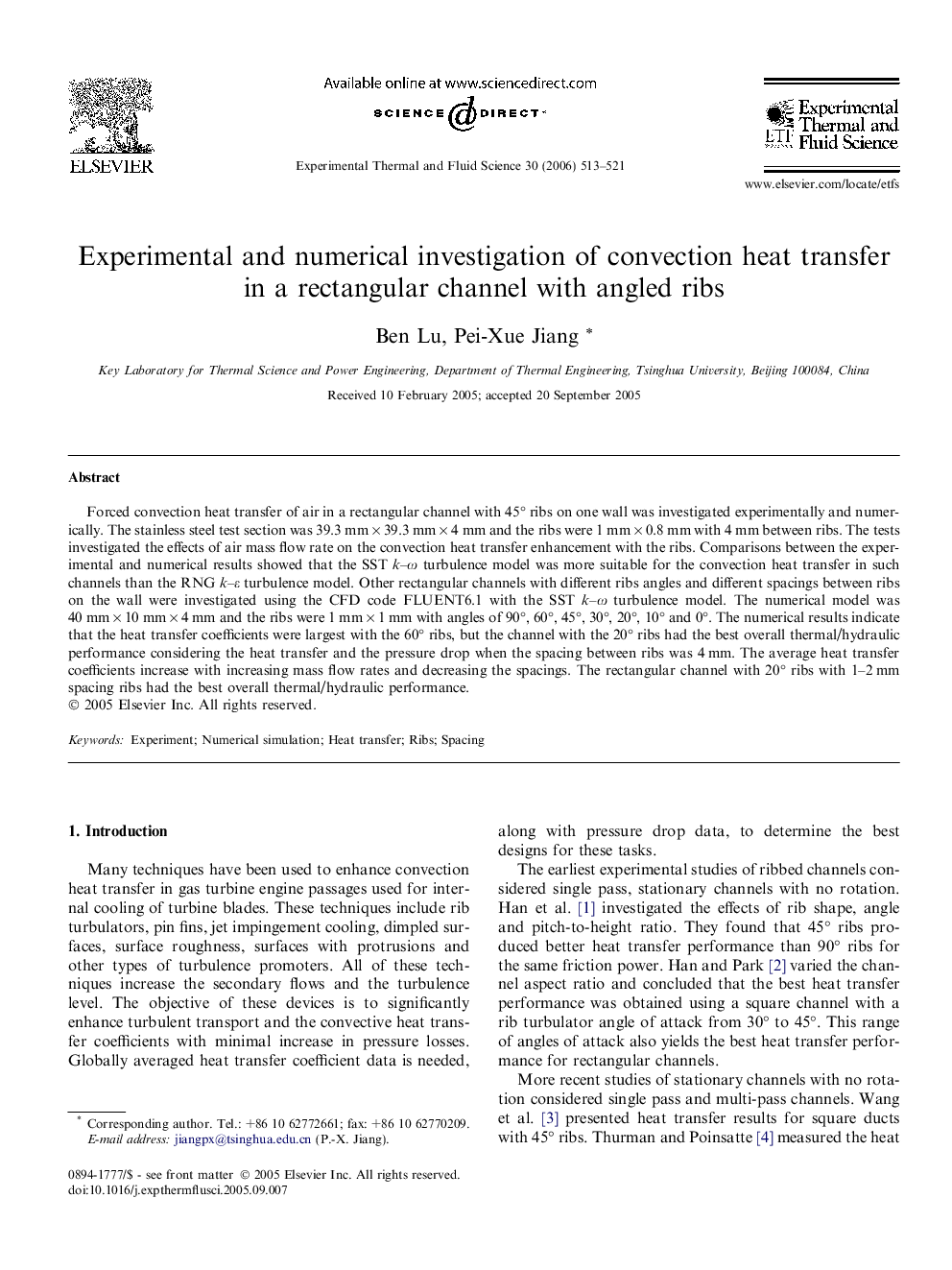 Experimental and numerical investigation of convection heat transfer in a rectangular channel with angled ribs