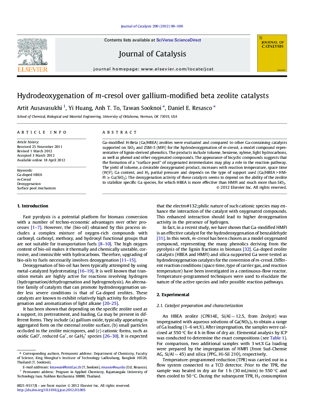 Hydrodeoxygenation of m-cresol over gallium-modified beta zeolite catalysts