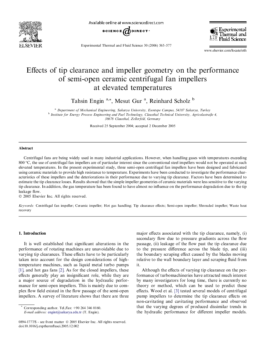 Effects of tip clearance and impeller geometry on the performance of semi-open ceramic centrifugal fan impellers at elevated temperatures