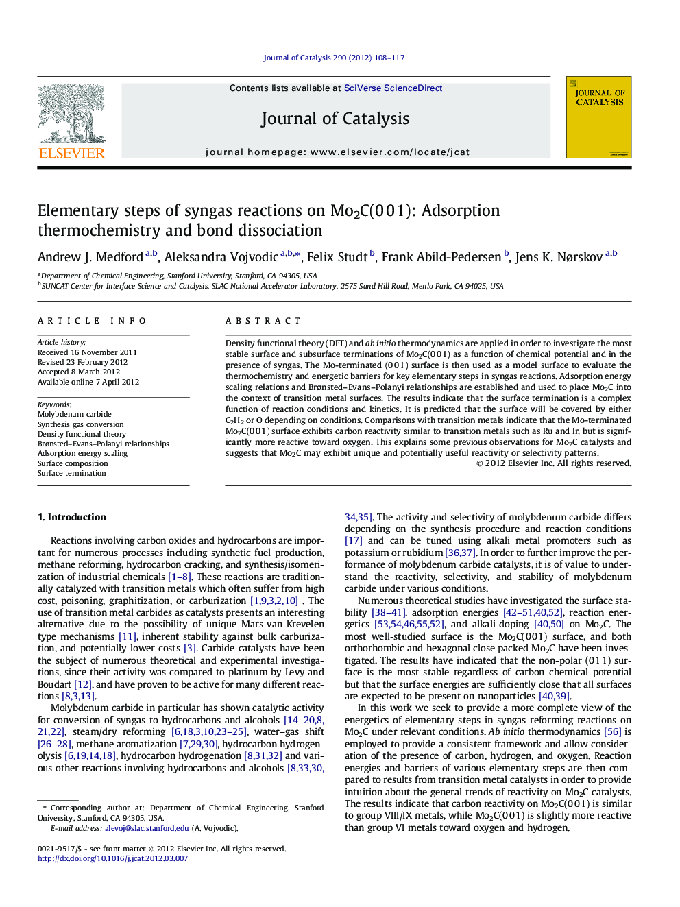 Elementary steps of syngas reactions on Mo2C(0Â 0Â 1): Adsorption thermochemistry and bond dissociation