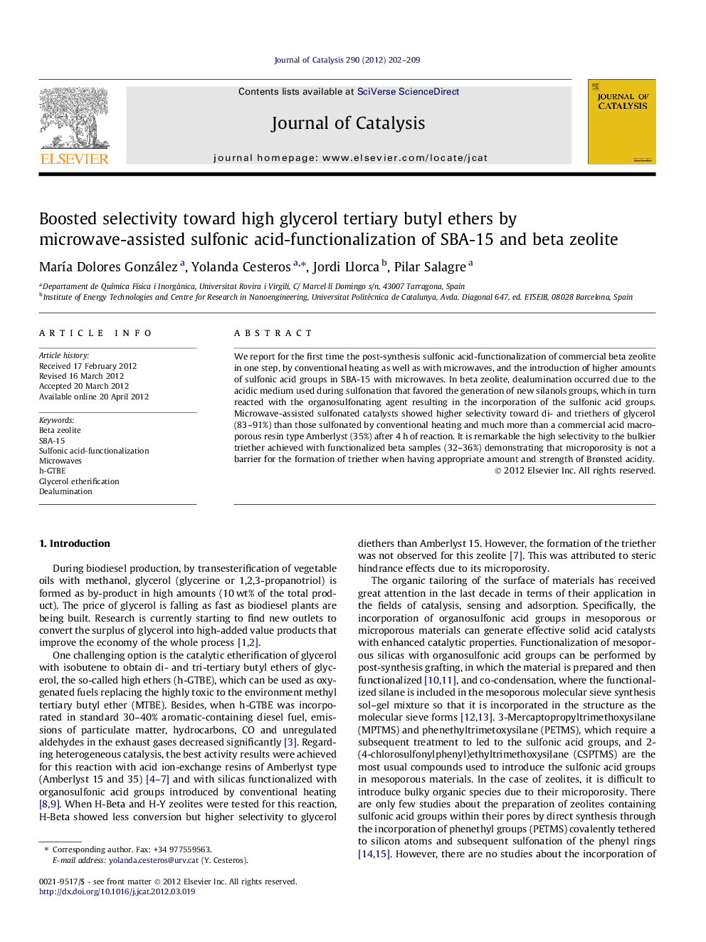 Boosted selectivity toward high glycerol tertiary butyl ethers by microwave-assisted sulfonic acid-functionalization of SBA-15 and beta zeolite