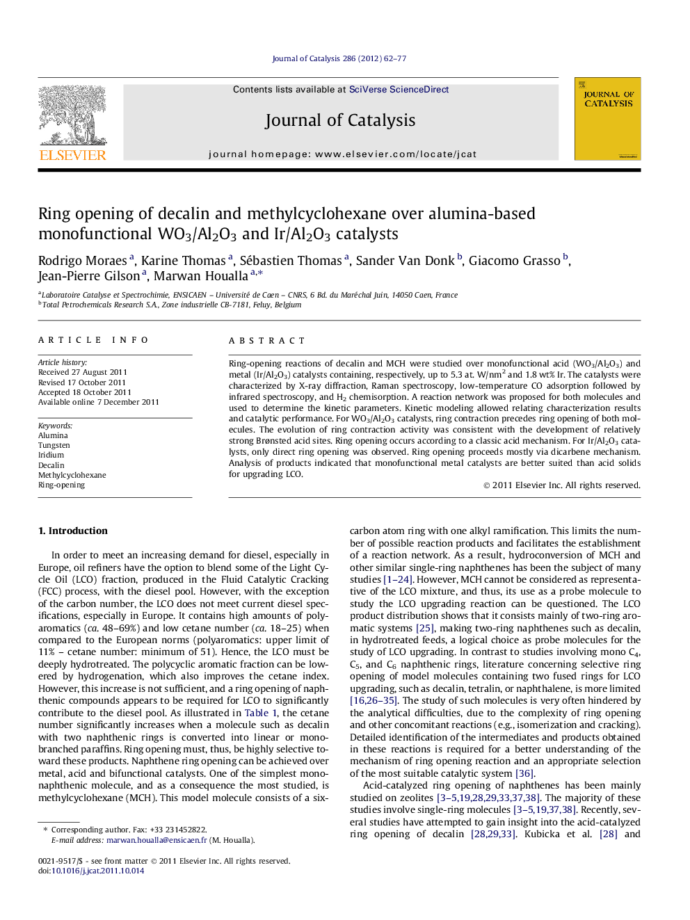 Ring opening of decalin and methylcyclohexane over alumina-based monofunctional WO3/Al2O3 and Ir/Al2O3 catalysts