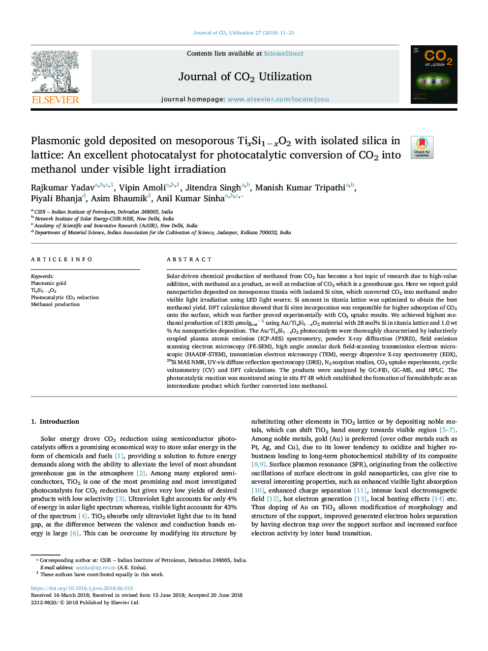 Plasmonic gold deposited on mesoporous TixSi1âxO2 with isolated silica in lattice: An excellent photocatalyst for photocatalytic conversion of CO2 into methanol under visible light irradiation