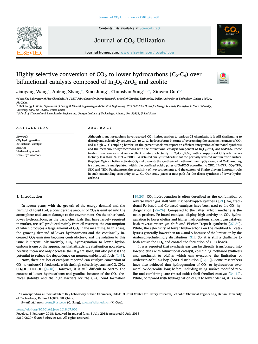 Highly selective conversion of CO2 to lower hydrocarbons (C2-C4) over bifunctional catalysts composed of In2O3-ZrO2 and zeolite