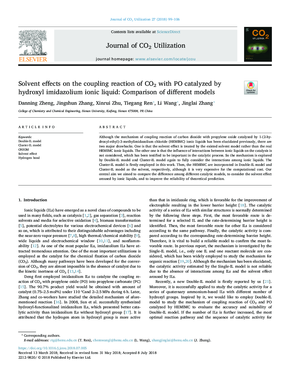 Solvent effects on the coupling reaction of CO2 with PO catalyzed by hydroxyl imidazolium ionic liquid: Comparison of different models