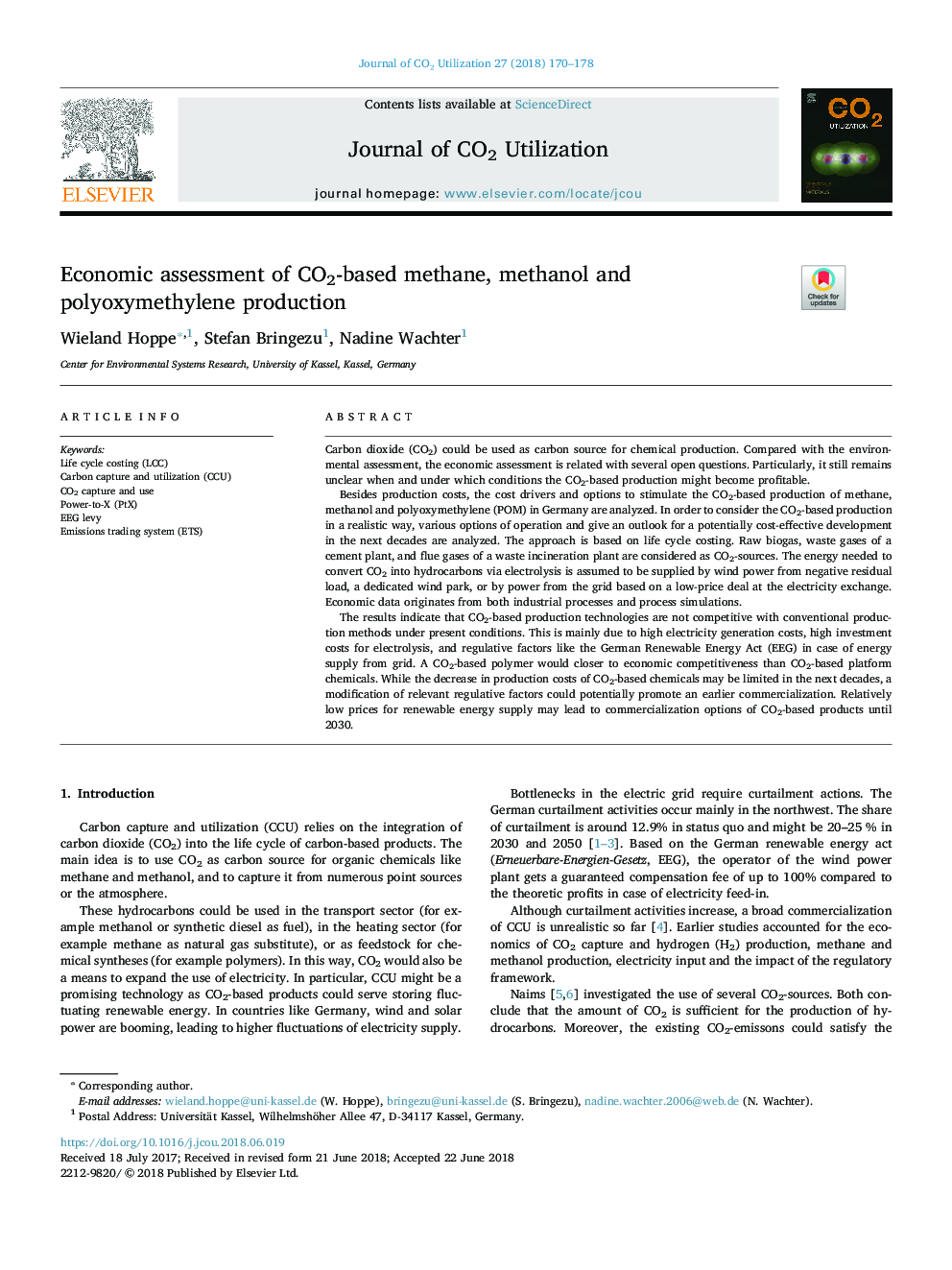 Economic assessment of CO2-based methane, methanol and polyoxymethylene production