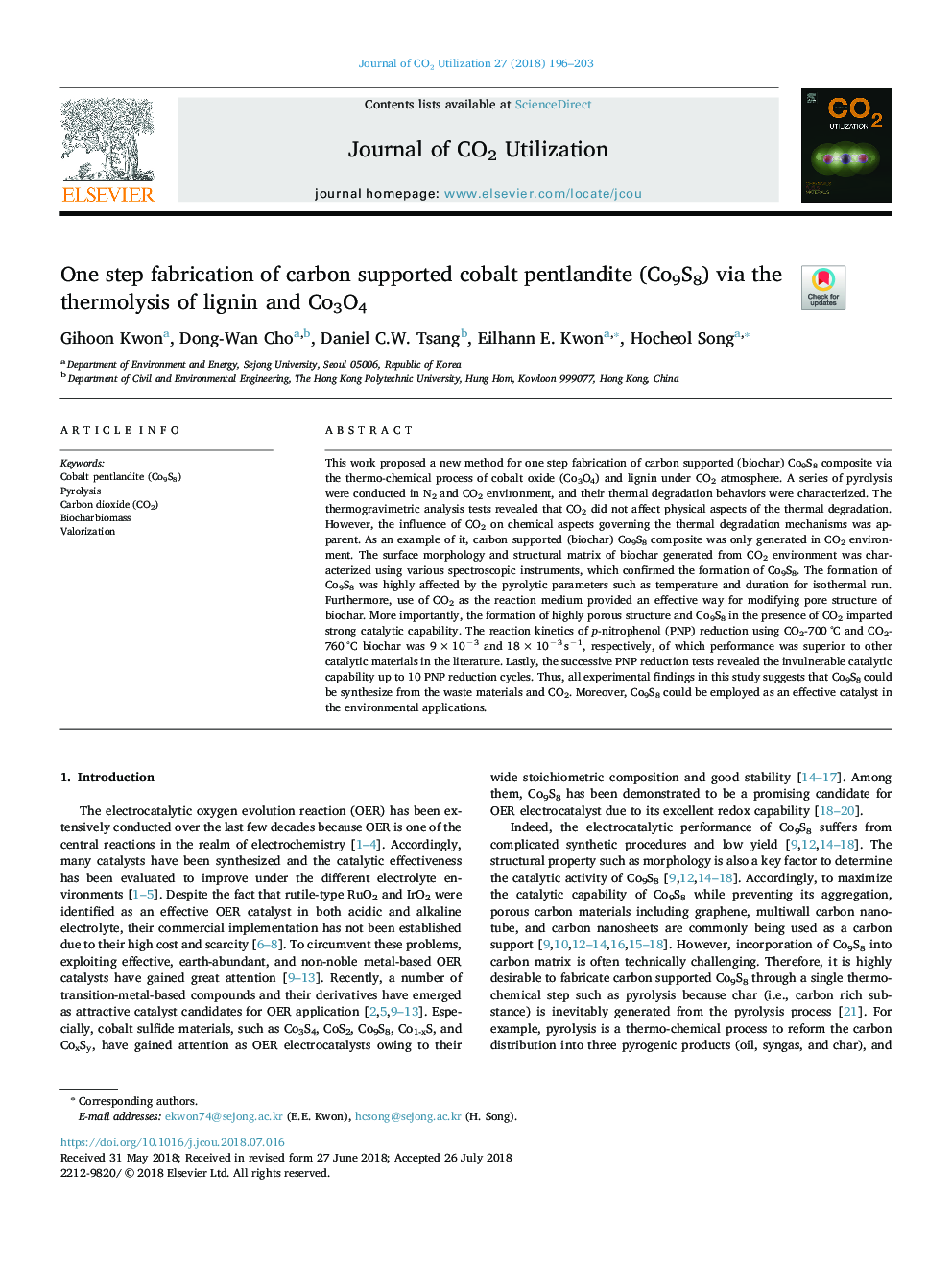 One step fabrication of carbon supported cobalt pentlandite (Co9S8) via the thermolysis of lignin and Co3O4