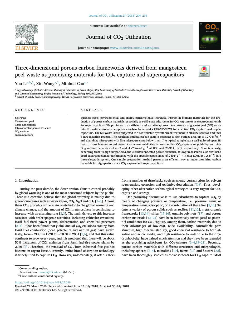 Three-dimensional porous carbon frameworks derived from mangosteen peel waste as promising materials for CO2 capture and supercapacitors