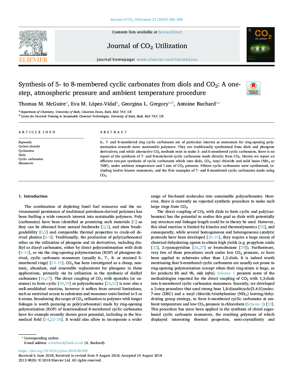 Synthesis of 5- to 8-membered cyclic carbonates from diols and CO2: A one-step, atmospheric pressure and ambient temperature procedure