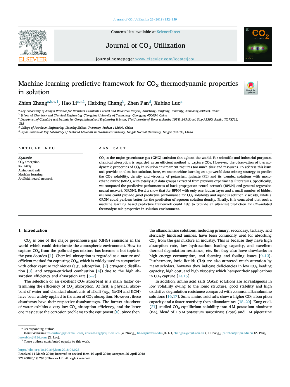 Machine learning predictive framework for CO2 thermodynamic properties in solution