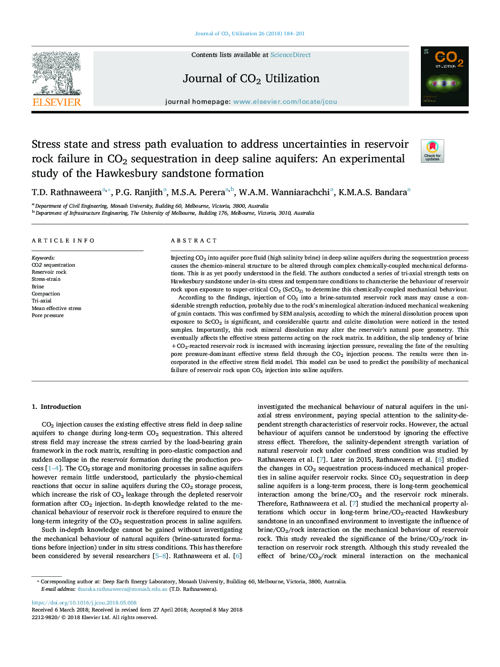 Stress state and stress path evaluation to address uncertainties in reservoir rock failure in CO2 sequestration in deep saline aquifers: An experimental study of the Hawkesbury sandstone formation