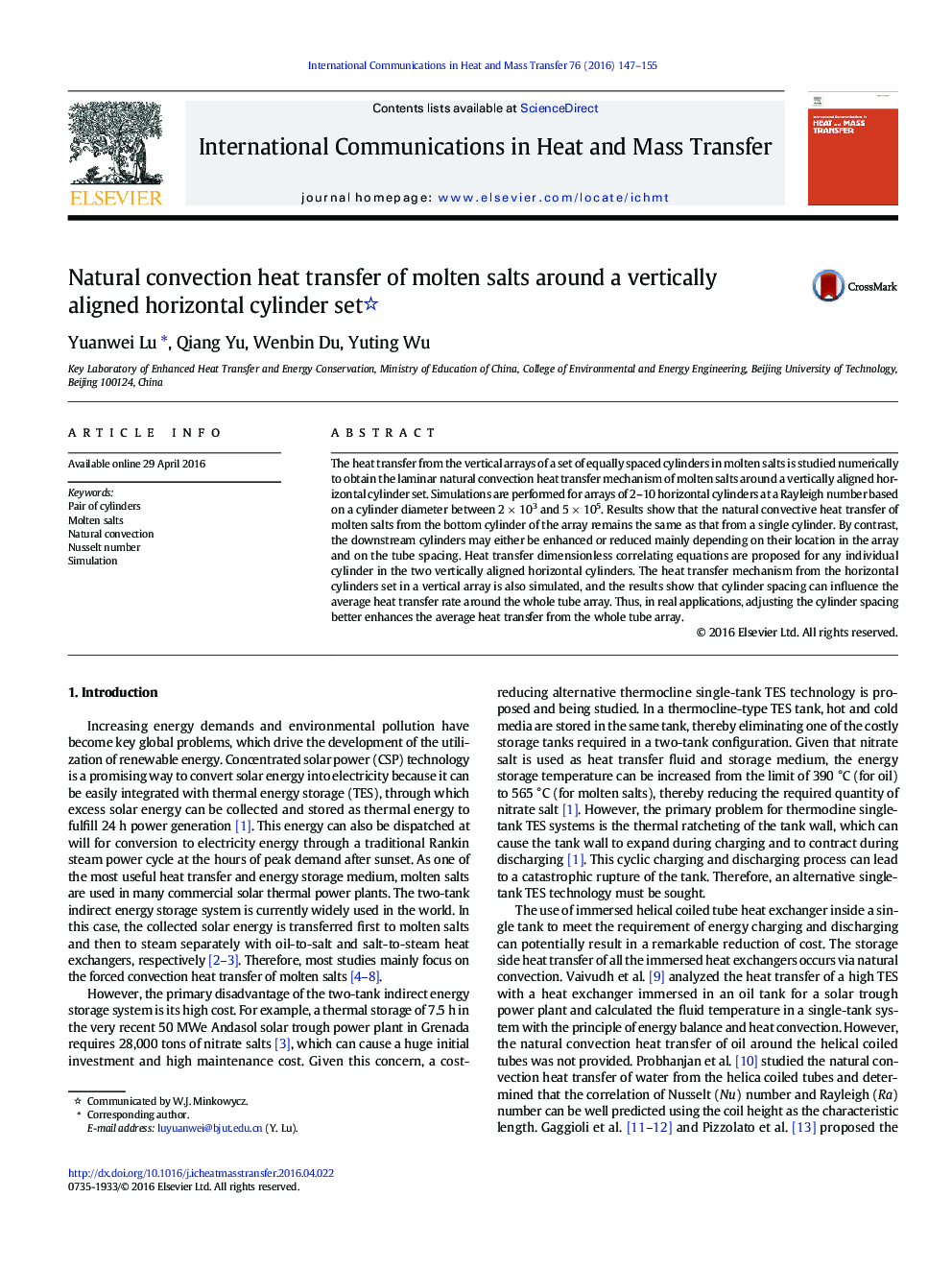 Natural convection heat transfer of molten salts around a vertically aligned horizontal cylinder set