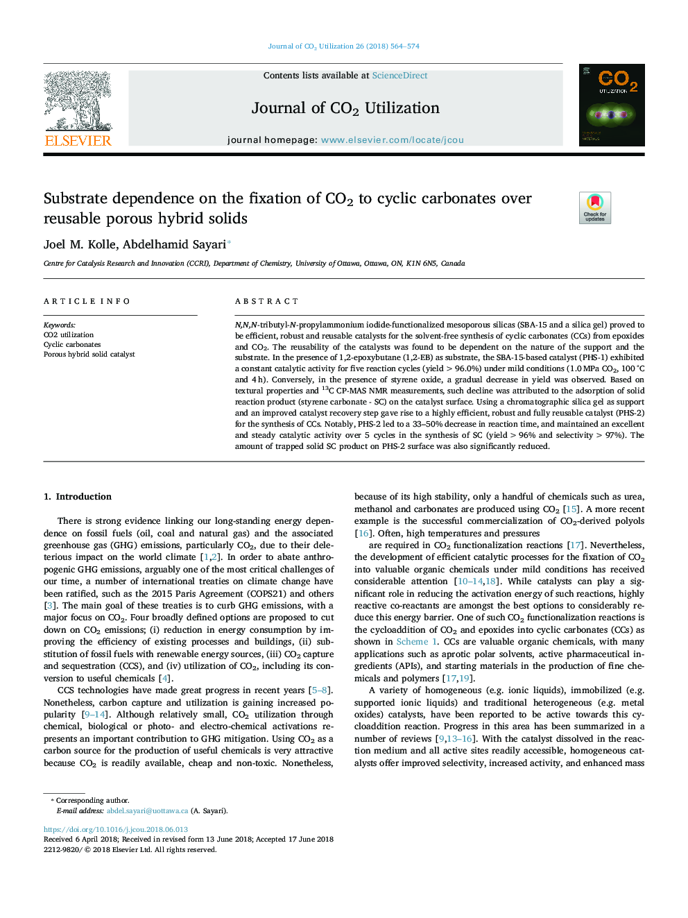 Substrate dependence on the fixation of CO2 to cyclic carbonates over reusable porous hybrid solids