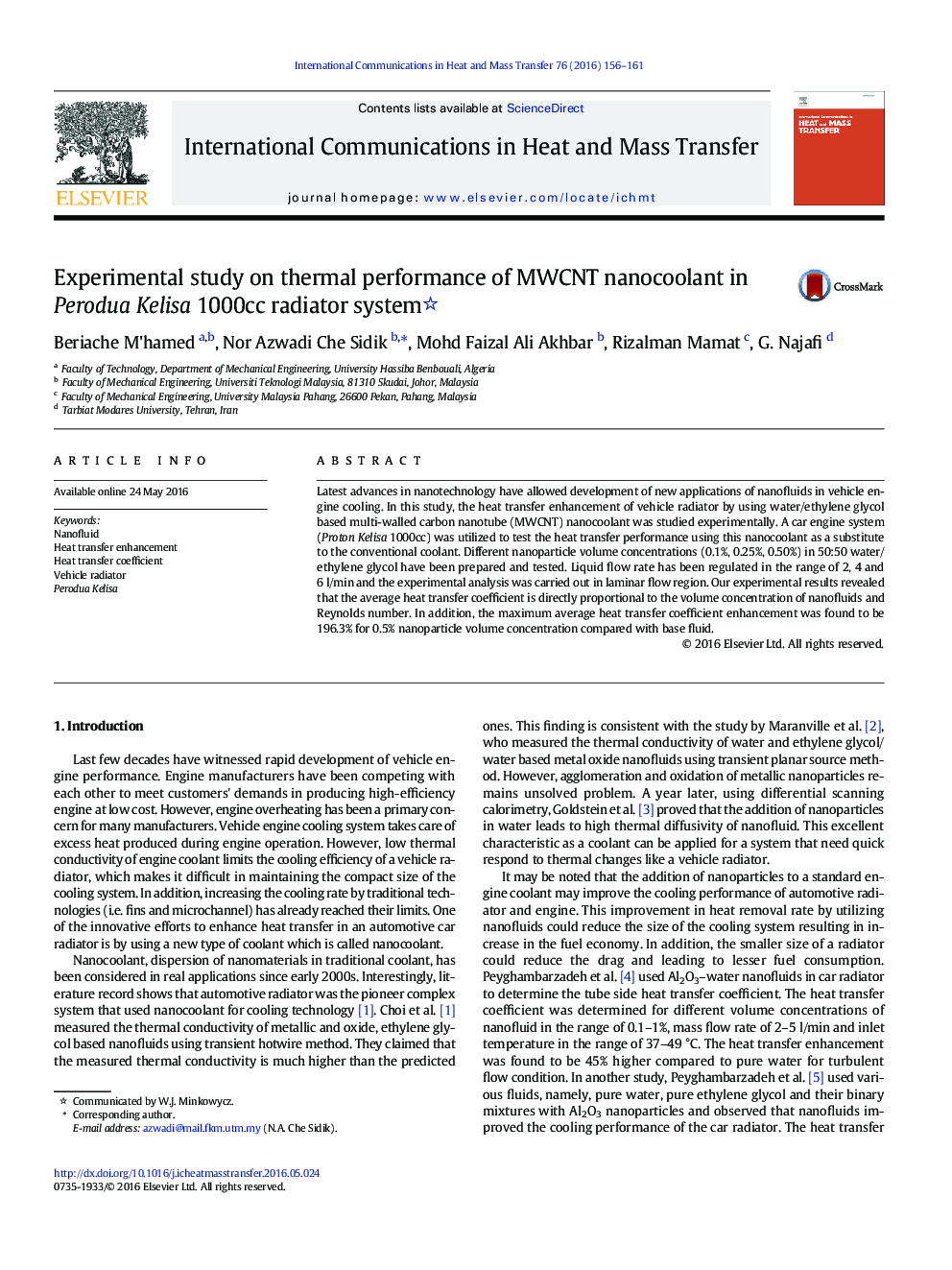 Experimental study on thermal performance of MWCNT nanocoolant in Perodua Kelisa 1000cc radiator system 