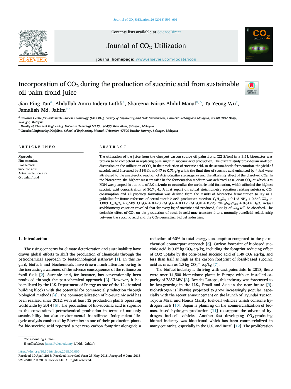 Incorporation of CO2 during the production of succinic acid from sustainable oil palm frond juice