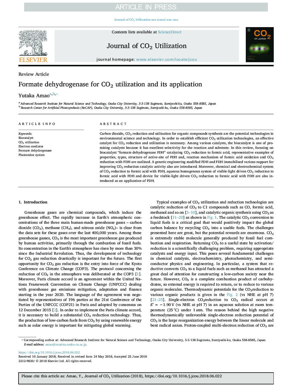 Formate dehydrogenase for CO2 utilization and its application