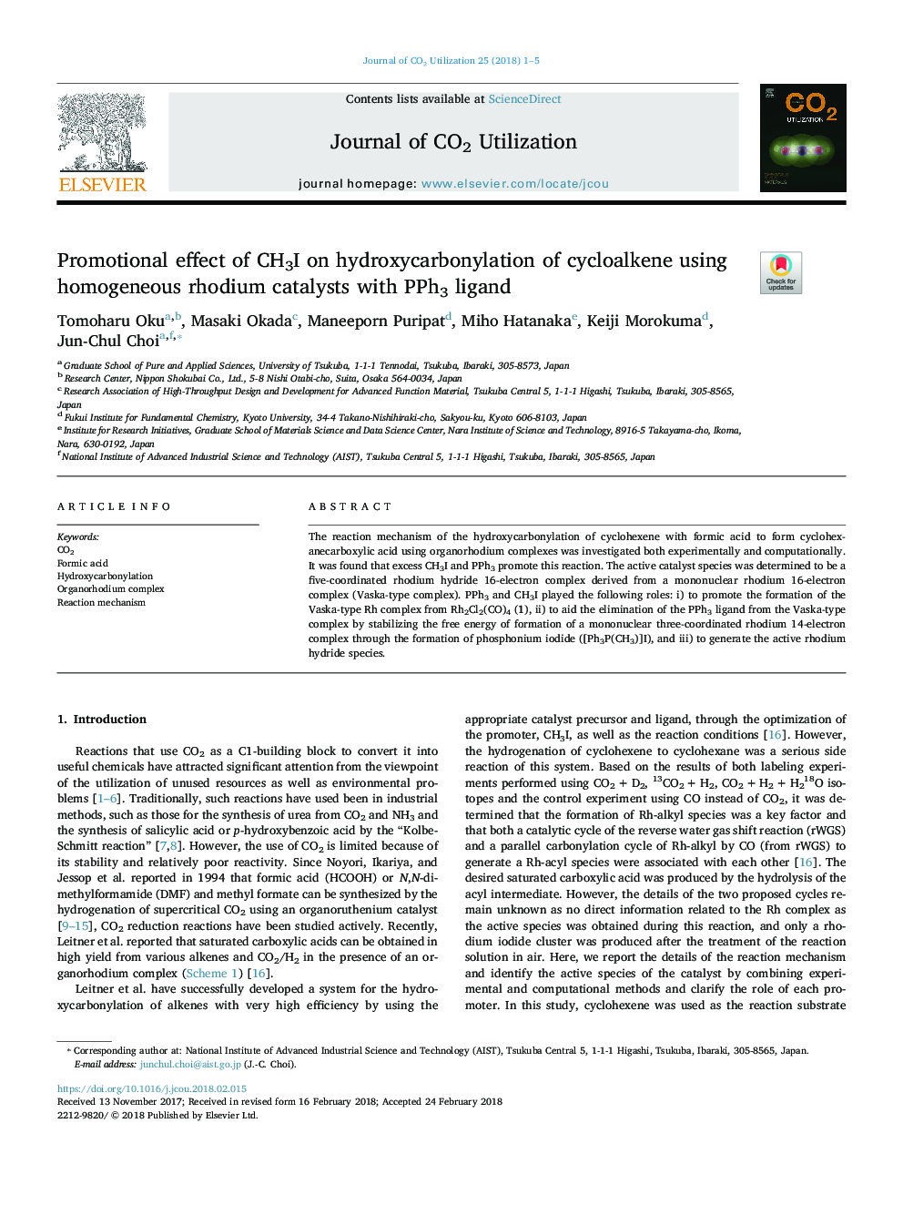 Promotional effect of CH3I on hydroxycarbonylation of cycloalkene using homogeneous rhodium catalysts with PPh3 ligand