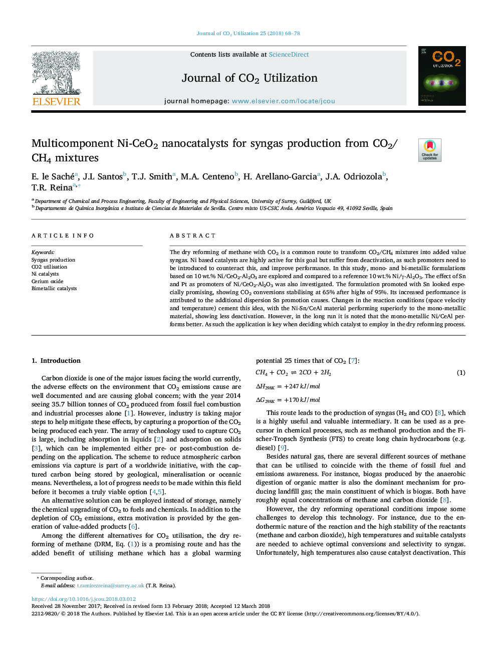 Multicomponent Ni-CeO2 nanocatalysts for syngas production from CO2/CH4 mixtures