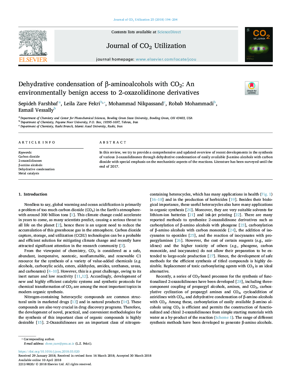 Dehydrative condensation of Î²-aminoalcohols with CO2: An environmentally benign access to 2-oxazolidinone derivatives
