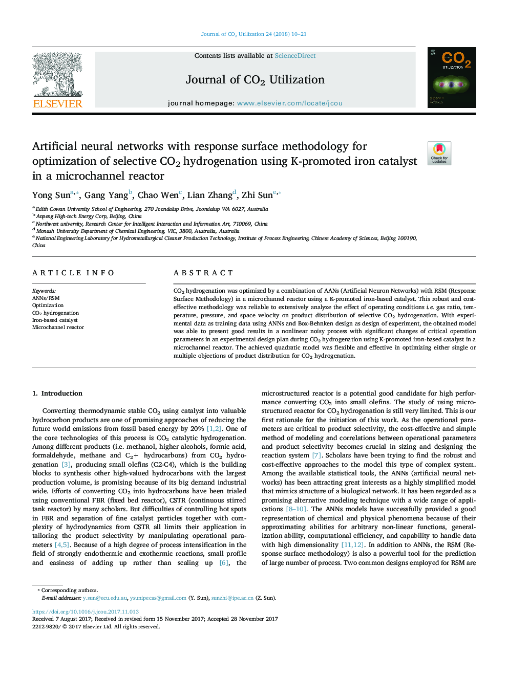 Artificial neural networks with response surface methodology for optimization of selective CO2 hydrogenation using K-promoted iron catalyst in a microchannel reactor