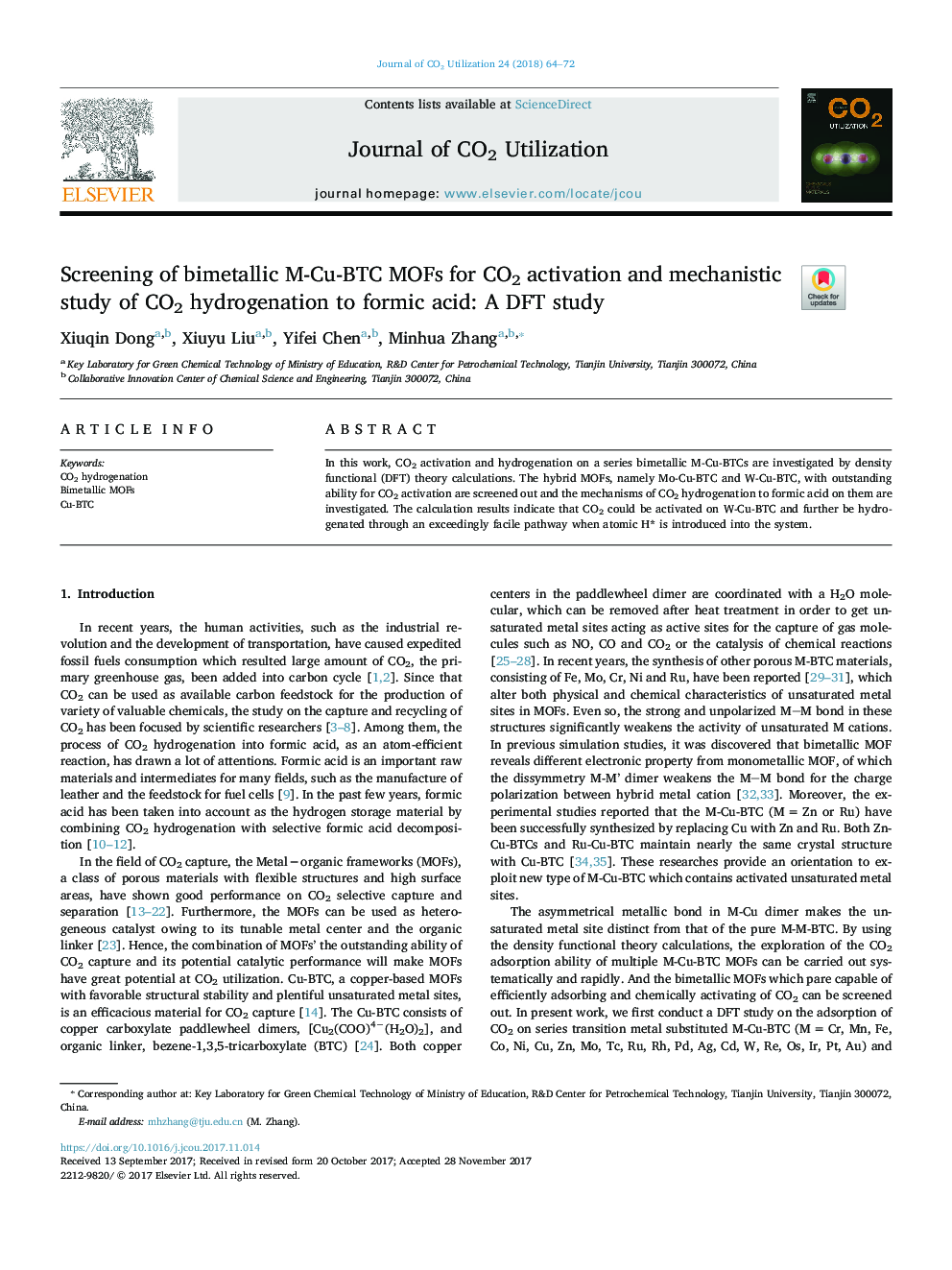 Screening of bimetallic M-Cu-BTC MOFs for CO2 activation and mechanistic study of CO2 hydrogenation to formic acid: A DFT study