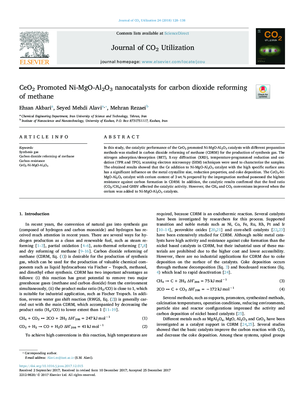 CeO2 Promoted Ni-MgO-Al2O3 nanocatalysts for carbon dioxide reforming of methane