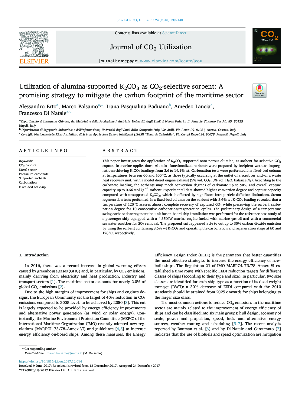 Utilization of alumina-supported K2CO3 as CO2-selective sorbent: A promising strategy to mitigate the carbon footprint of the maritime sector