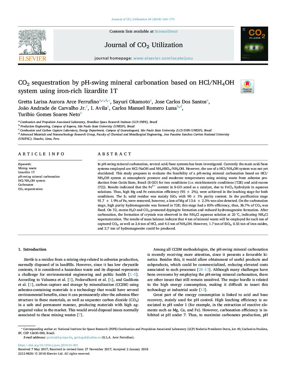 CO2 sequestration by pH-swing mineral carbonation based on HCl/NH4OH system using iron-rich lizardite 1T