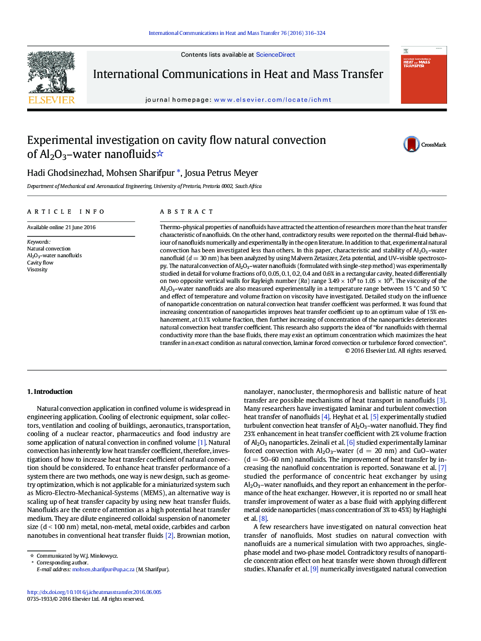 Experimental investigation on cavity flow natural convection of Al2O3–water nanofluids 