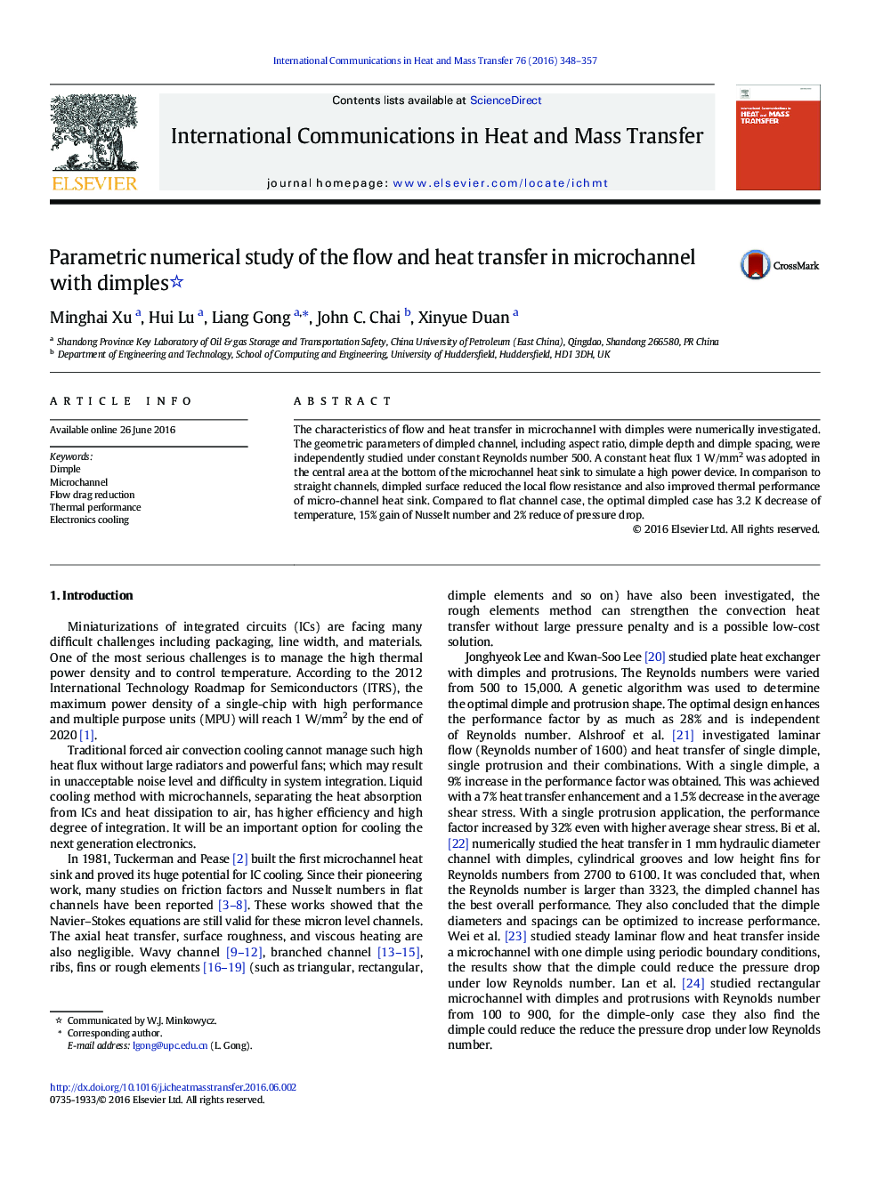 Parametric numerical study of the flow and heat transfer in microchannel with dimples