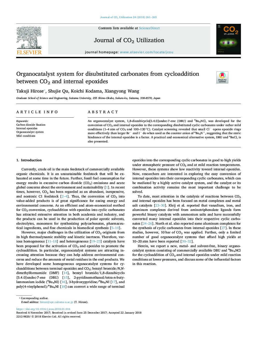 عکس صفحه اول مقاله: Organocatalyst system for disubstituted carbonates from cycloaddition between CO2 and internal epoxides Organocatalyst system for disubstituted carbonates from cycloaddition between CO2 and internal epoxides