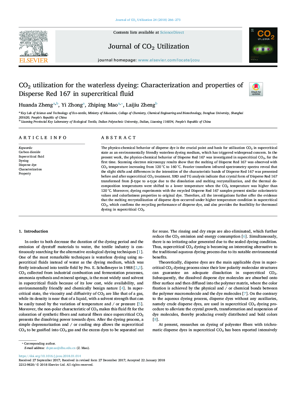 CO2 utilization for the waterless dyeing: Characterization and properties of Disperse Red 167 in supercritical fluid