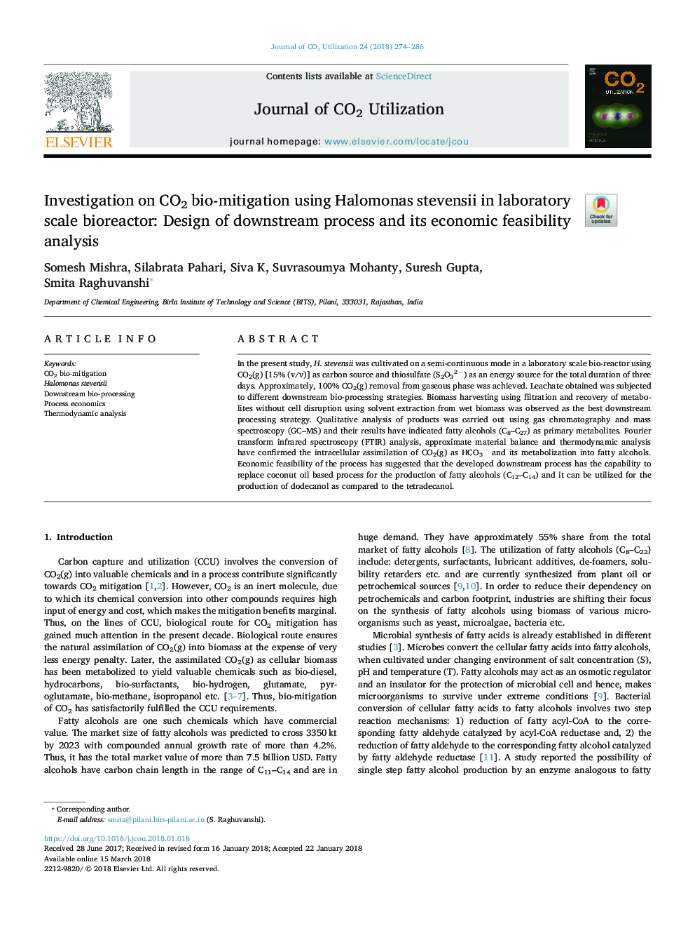 Investigation on CO2 bio-mitigation using Halomonas stevensii in laboratory scale bioreactor: Design of downstream process and its economic feasibility analysis