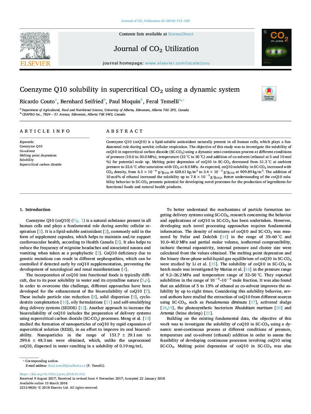 Coenzyme Q10 solubility in supercritical CO2 using a dynamic system
