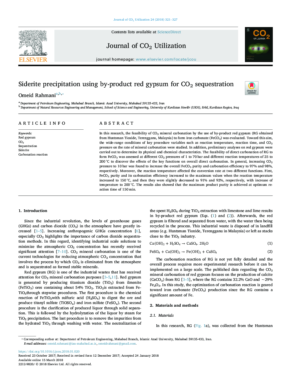 Siderite precipitation using by-product red gypsum for CO2 sequestration