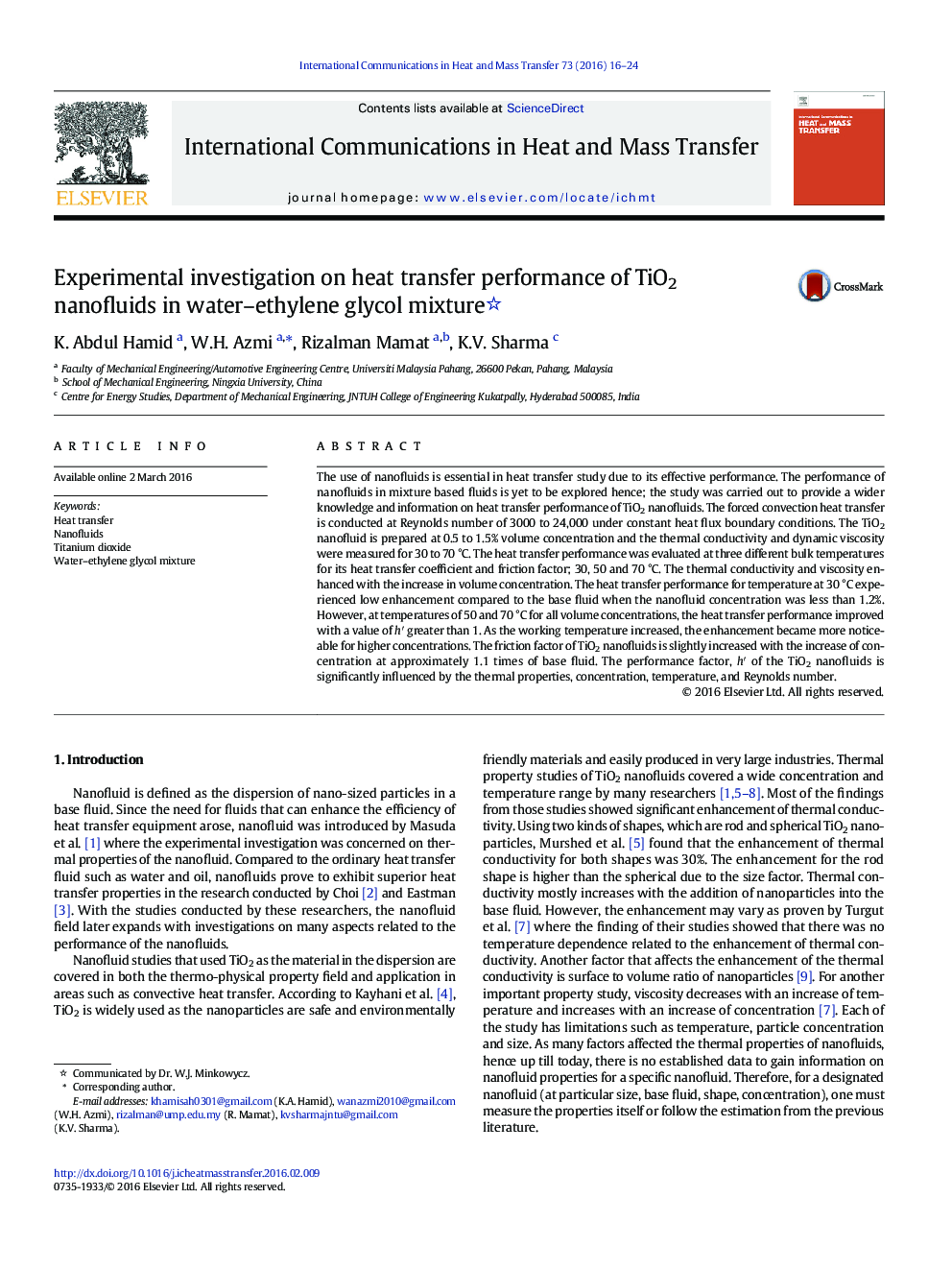 Experimental investigation on heat transfer performance of TiO2 nanofluids in water–ethylene glycol mixture 