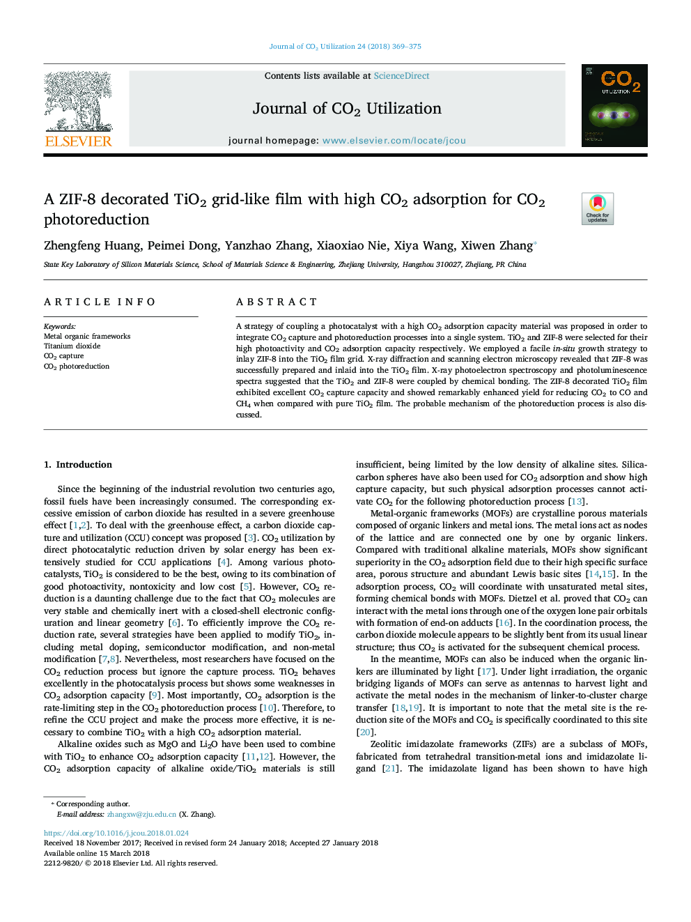 A ZIF-8 decorated TiO2 grid-like film with high CO2 adsorption for CO2 photoreduction