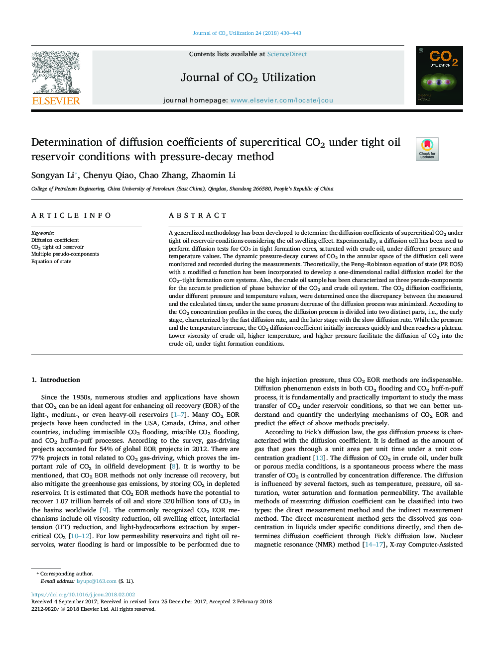 Determination of diffusion coefficients of supercritical CO2 under tight oil reservoir conditions with pressure-decay method