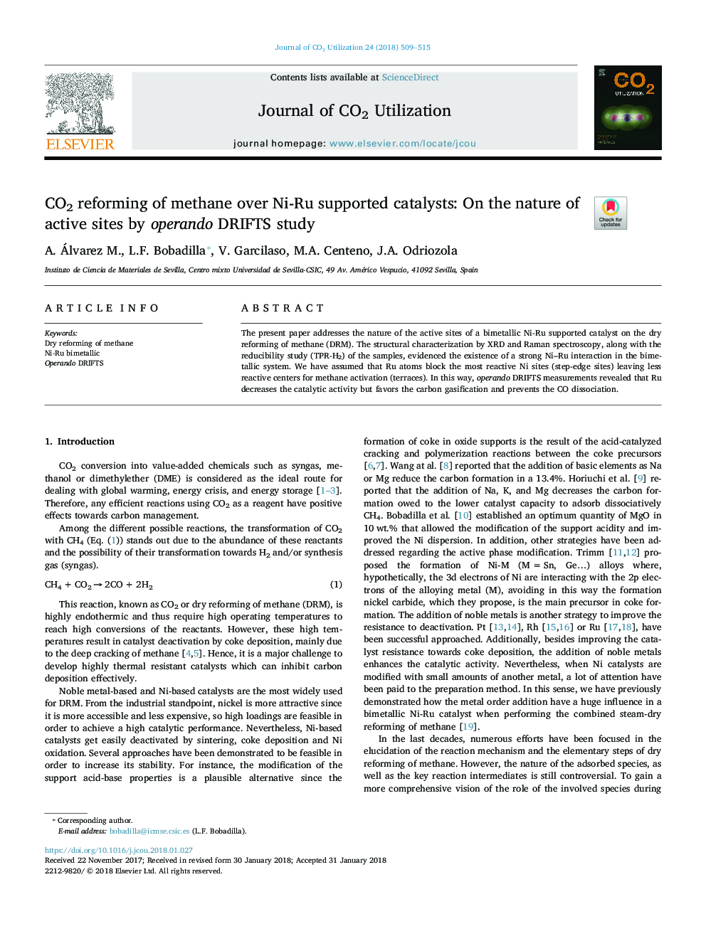 CO2 reforming of methane over Ni-Ru supported catalysts: On the nature of active sites by operando DRIFTS study