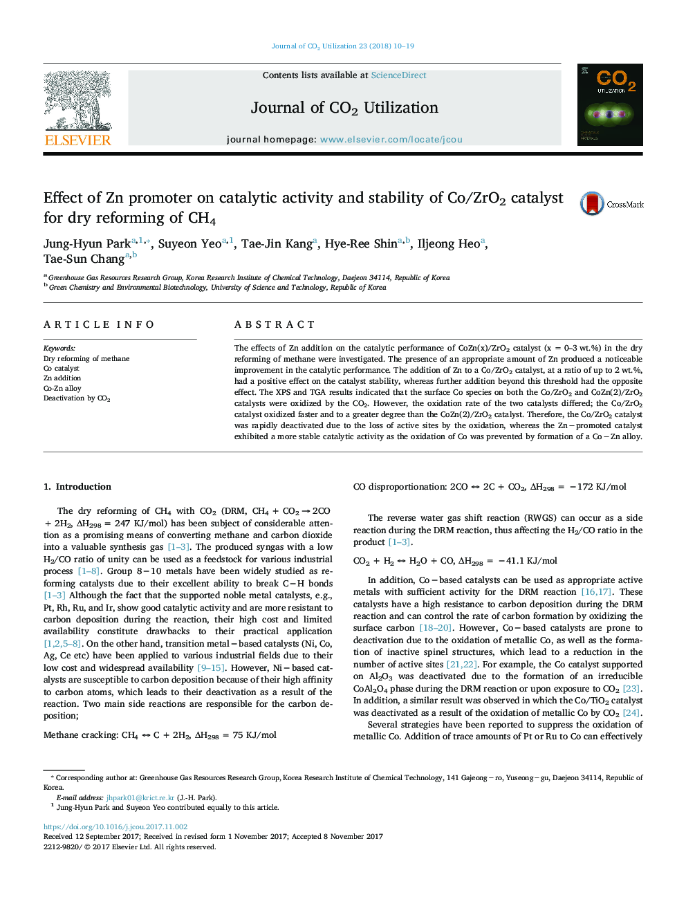 Effect of Zn promoter on catalytic activity and stability of Co/ZrO2 catalyst for dry reforming of CH4