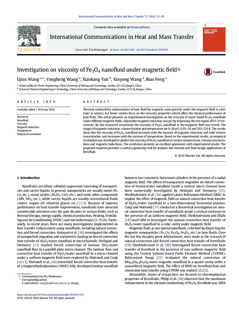 Investigation on viscosity of Fe3O4 nanofluid under magnetic field 