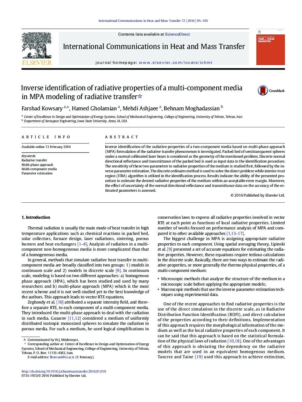 Inverse identification of radiative properties of a multi-component media in MPA modeling of radiative transfer 