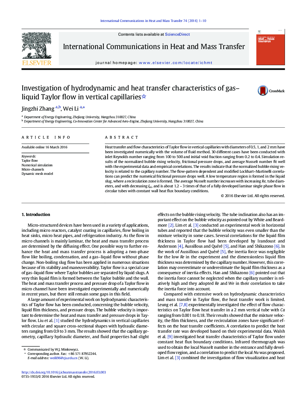 Investigation of hydrodynamic and heat transfer characteristics of gas–liquid Taylor flow in vertical capillaries 