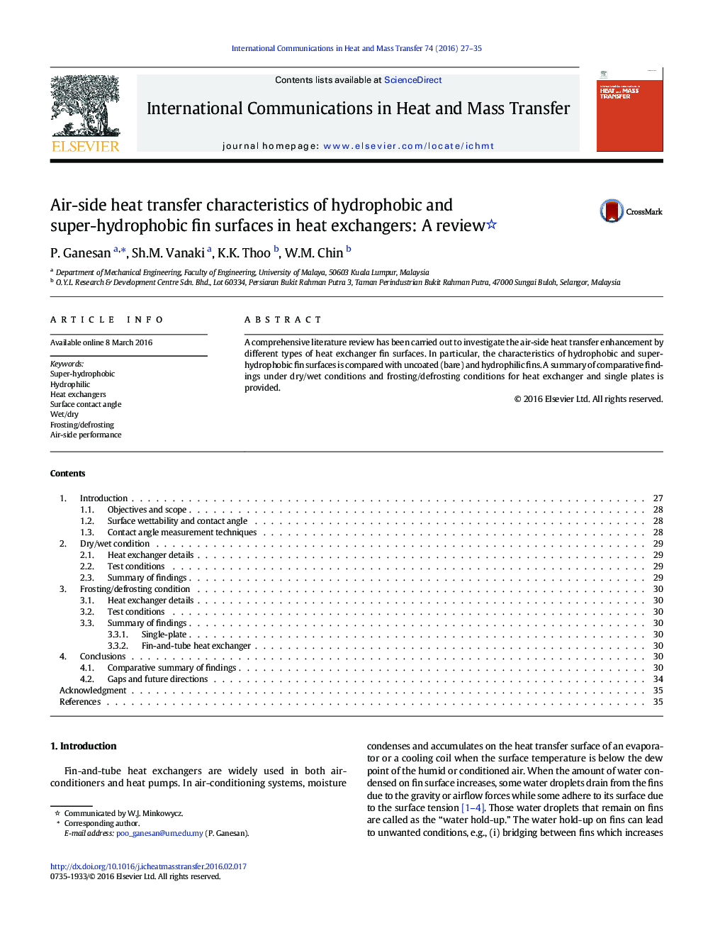 Air-side heat transfer characteristics of hydrophobic and super-hydrophobic fin surfaces in heat exchangers: A review 