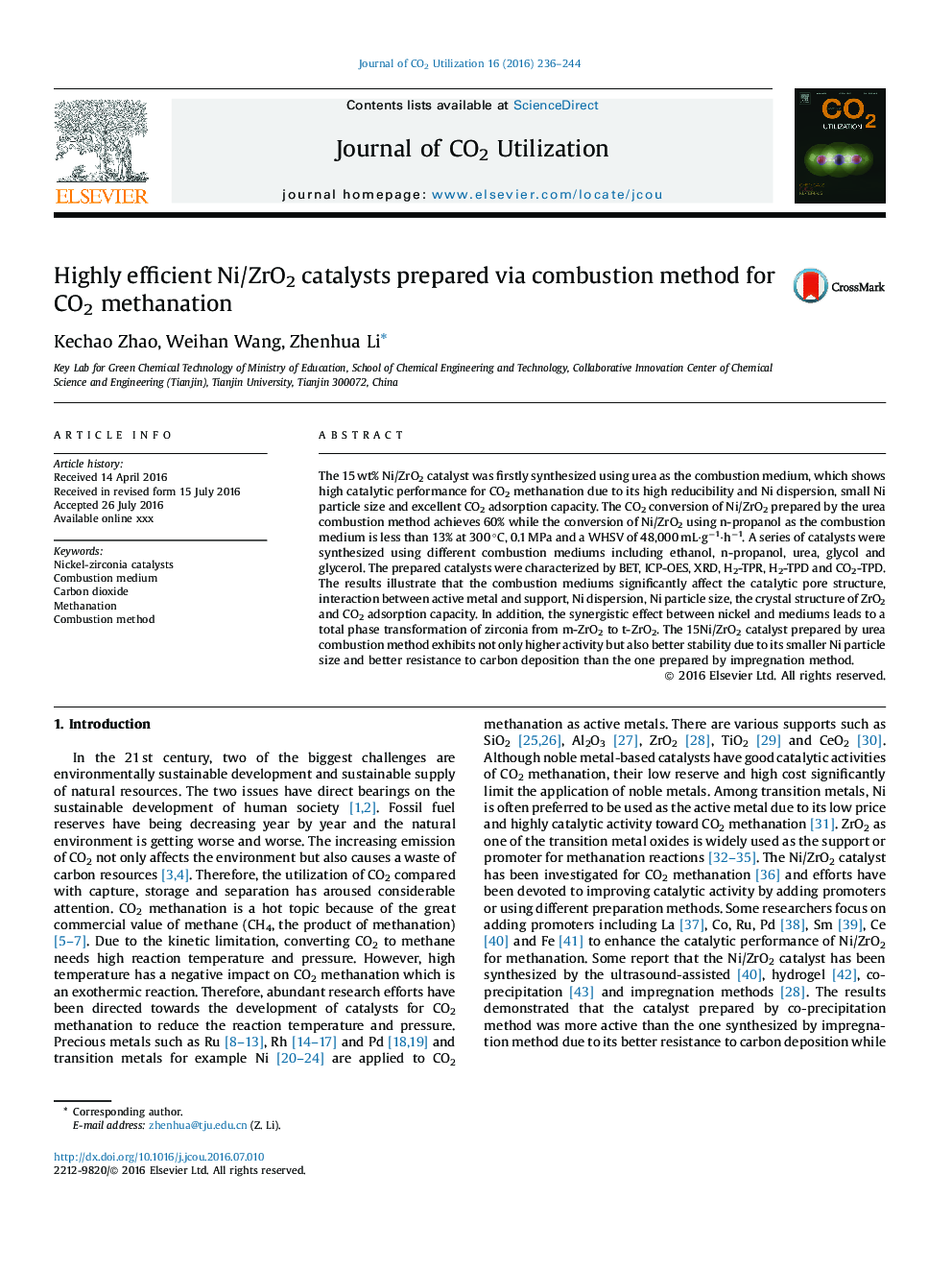 Highly efficient Ni/ZrO2 catalysts prepared via combustion method for CO2 methanation